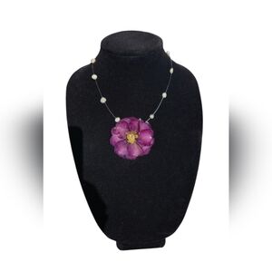 Elegant Purple Camellia Flower & Freshwater Pearls Necklace